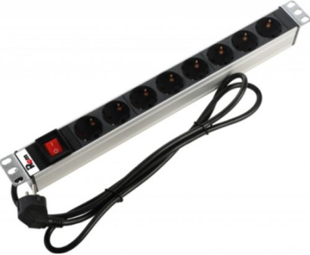 Блок розеток Rem-16 с выкл и USB-портом, 6 Schuko, 16A, алюм., 19", шнур 1,8 м