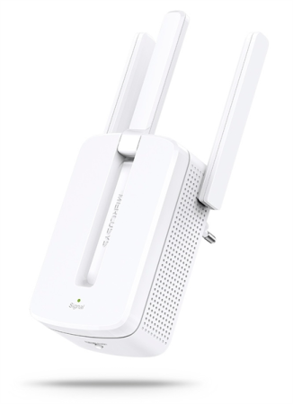 MERCUSYS N300 Усилитель Wi-Fi сигнала, до 300 Мбит/с на 2,4 ГГц, 3 фиксированные внешние антенны, подключение к настенной розетке, работает с любым роутером